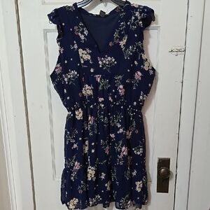 Robert Louis Navy Floral Vneck Sleeveless Short Dress Fully Lined  Size Large